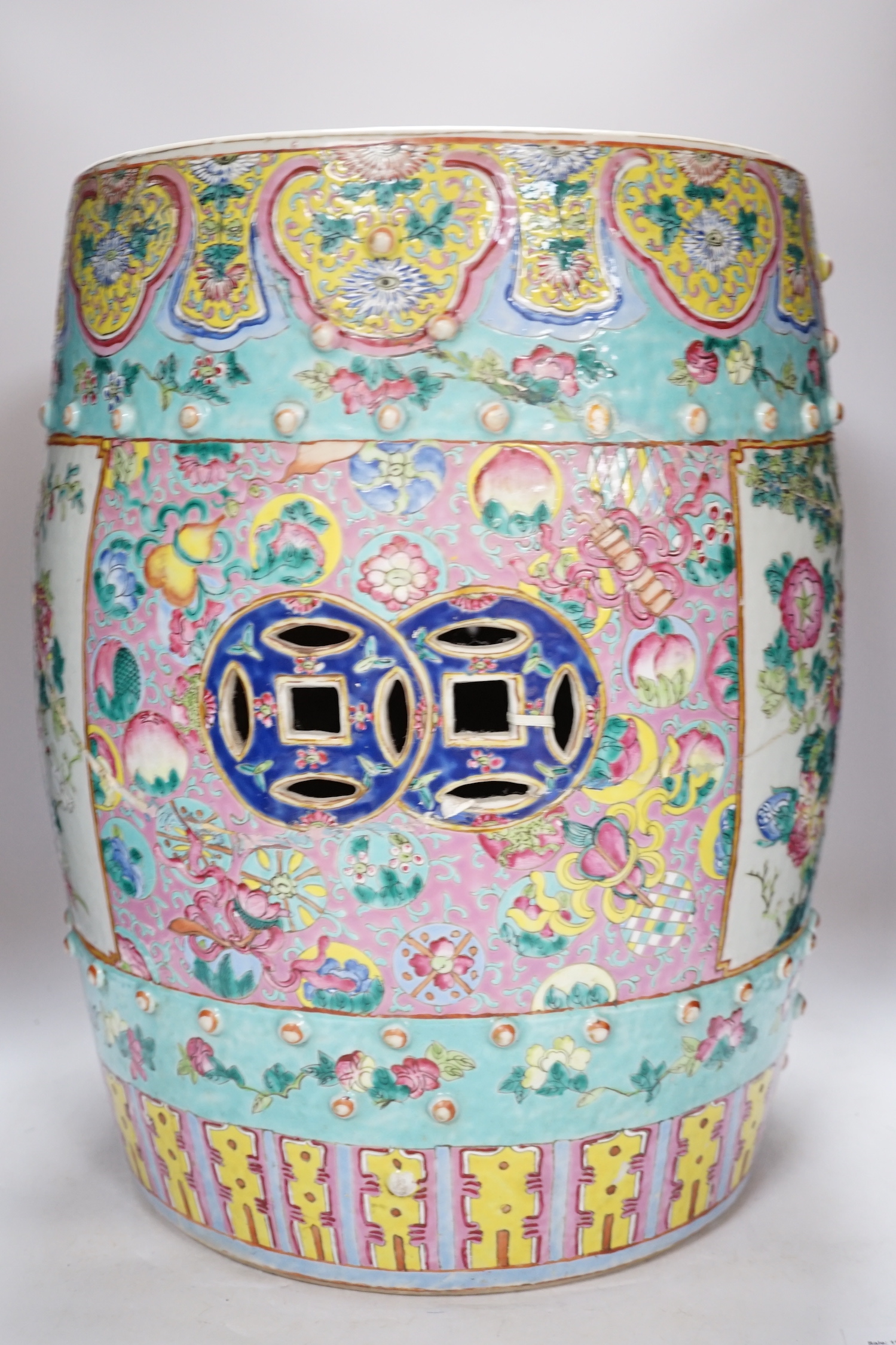 A 19th century Chinese Canton decorated famille rose garden seat (restored), 46cm high